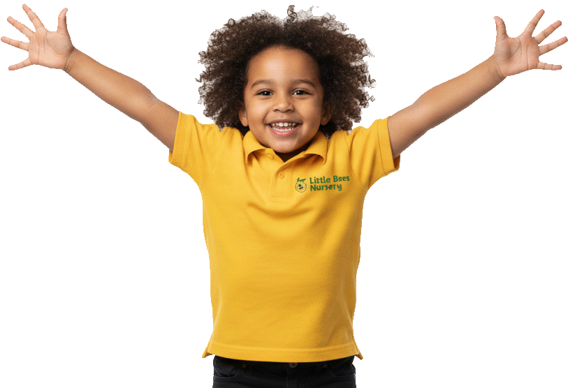 A happy Little Bees child with arms stretched wide